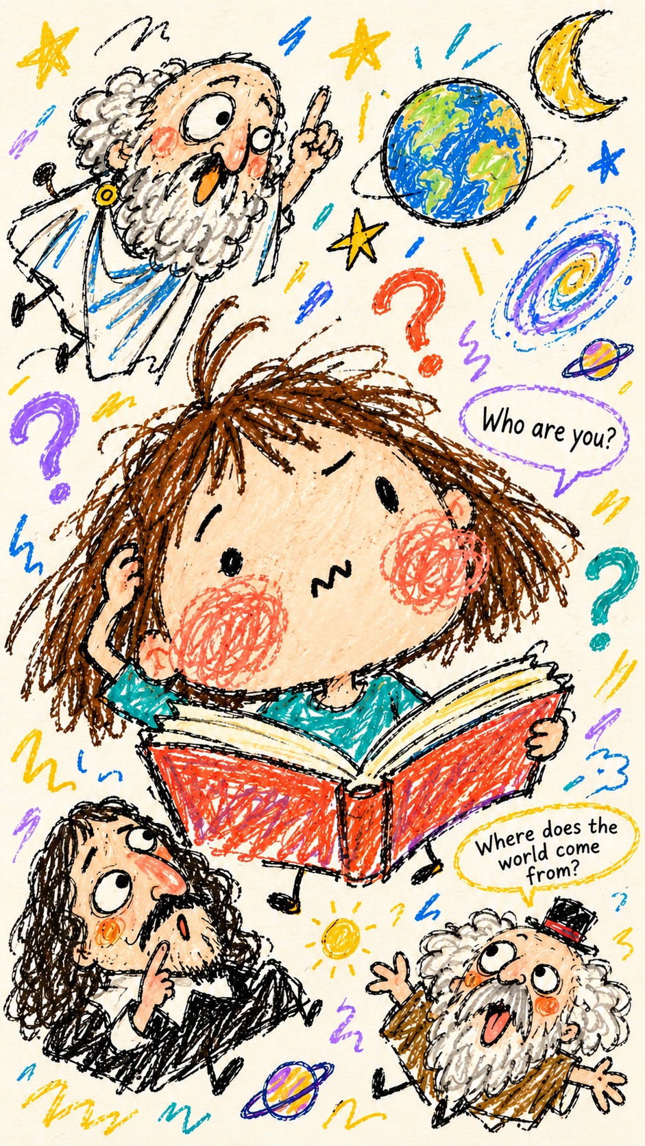 Philosophy Notes — crayon doodle illustration asking 'Who are you?' and 'Where does the world come from?'